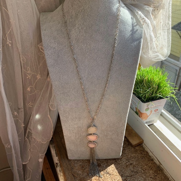 Nice Long Silver Tone Necklace Frosted Stones - Picture 3 of 10